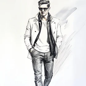 Chic Male Fashion Sketch in Trench Coat and Sunglasses