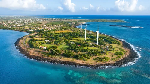 Scenic Island with Winds Turbines and Coastal Beauty