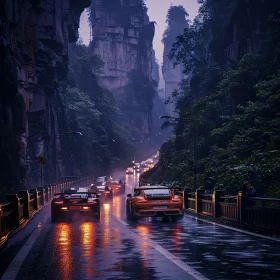 Cars on a Rainy Mountain Road