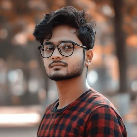 Portrait of a Young Man with Glasses and Checkered Shirt