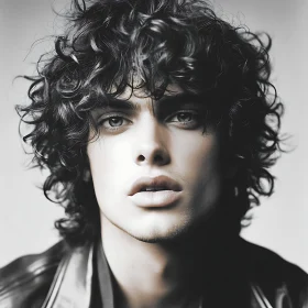 Black and White Intense Portrait of Curly-Haired Man