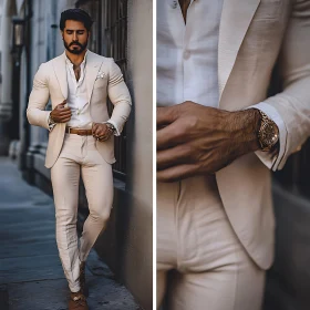 Sophisticated Men's Fashion: Cream Suit and Accessories