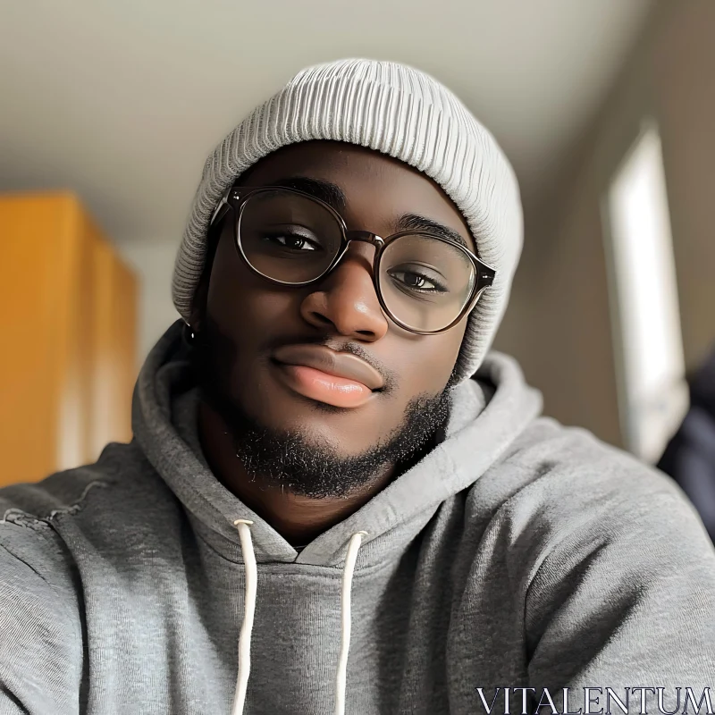 Smiling Man Wearing Beanie and Glasses Indoors