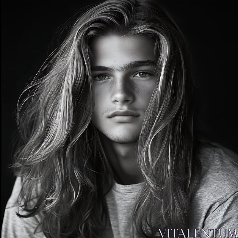 Young Man with Long Hair and Freckles in Black and White