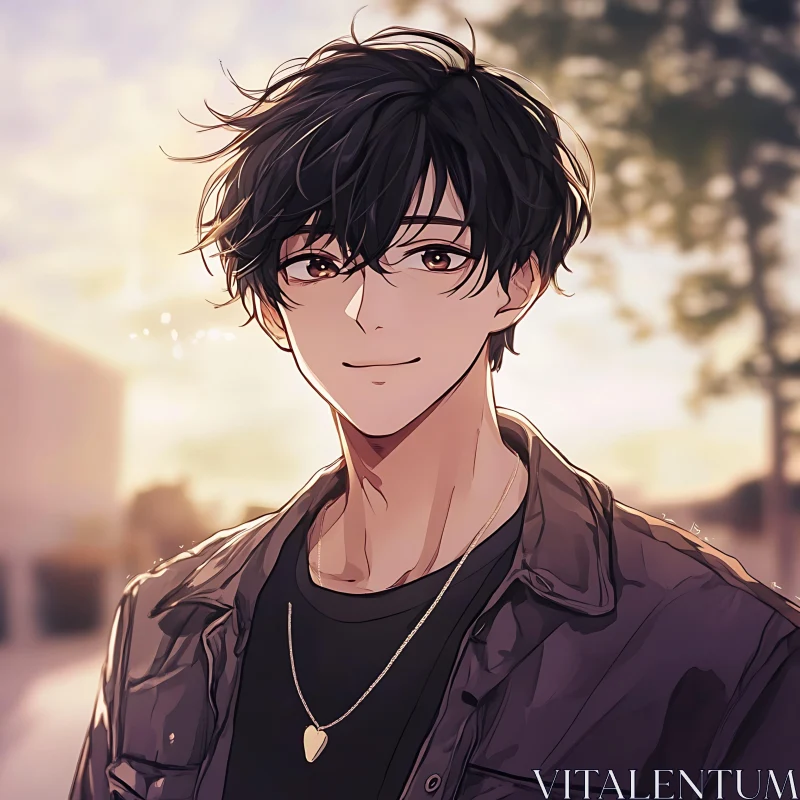 Smiling Anime Guy at Sunset