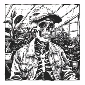 Skeleton with Plants in Greenhouse