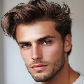 Man with Blue Eyes and Subtle Beard in Close-Up