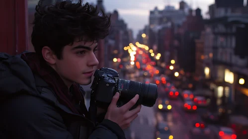 Young Photographer Amidst City Lights