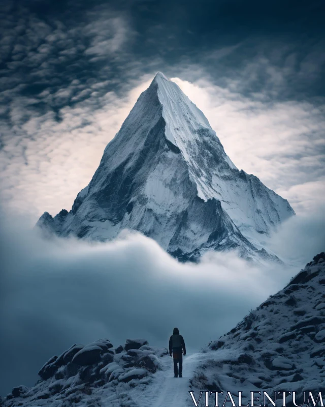 Solitary Hiker Facing a Towering Peak AI Image