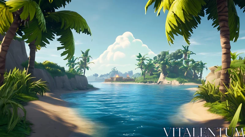 Tranquil Island Scene with Blue Waters and Palm Trees AI Image