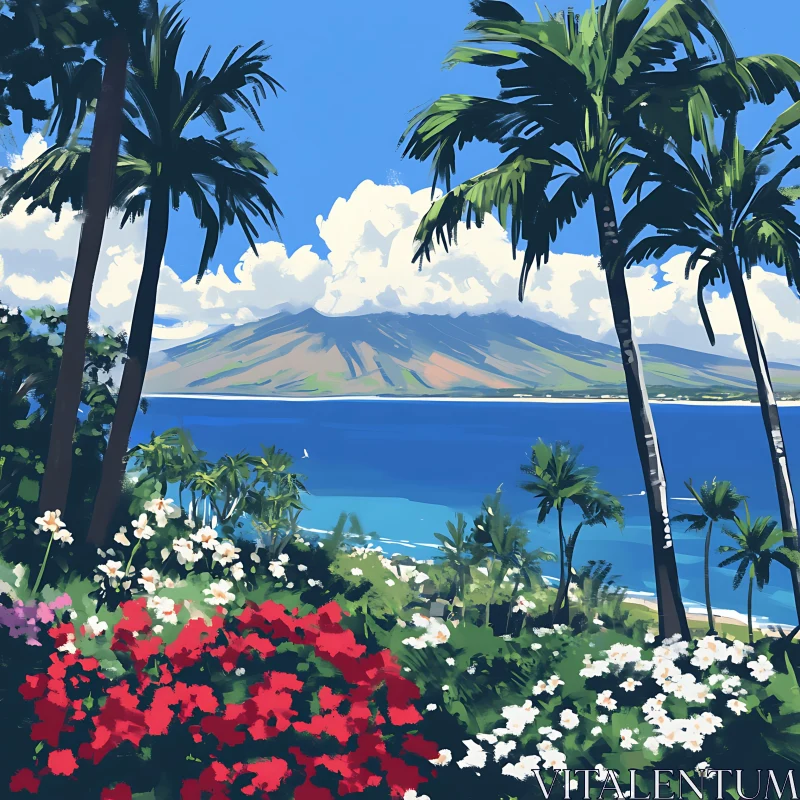 Tropical Landscape with Mountain and Sea View AI Image