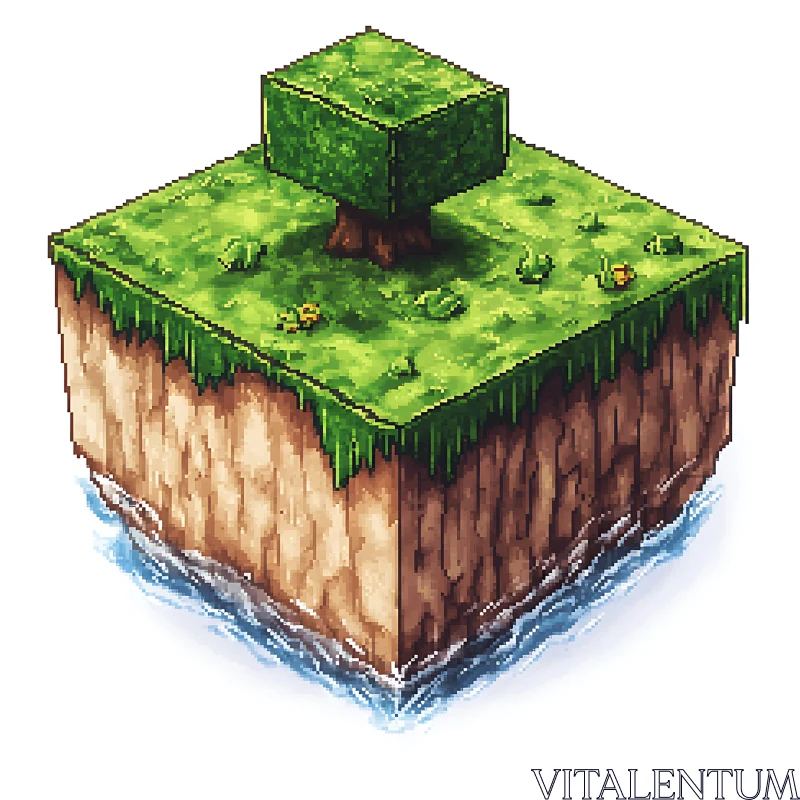 Floating Pixel Island with Grass and Tree AI Image