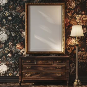 Vintage Interior Decor with Ornate Frame and Floral Wallpaper