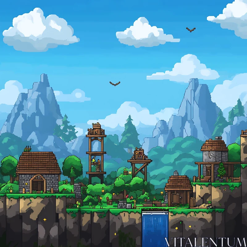 Charming Pixel Village with Waterfall and Mountains AI Image