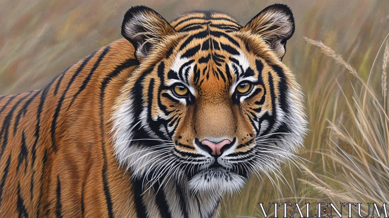 Tiger Portrait in Grassland AI Image