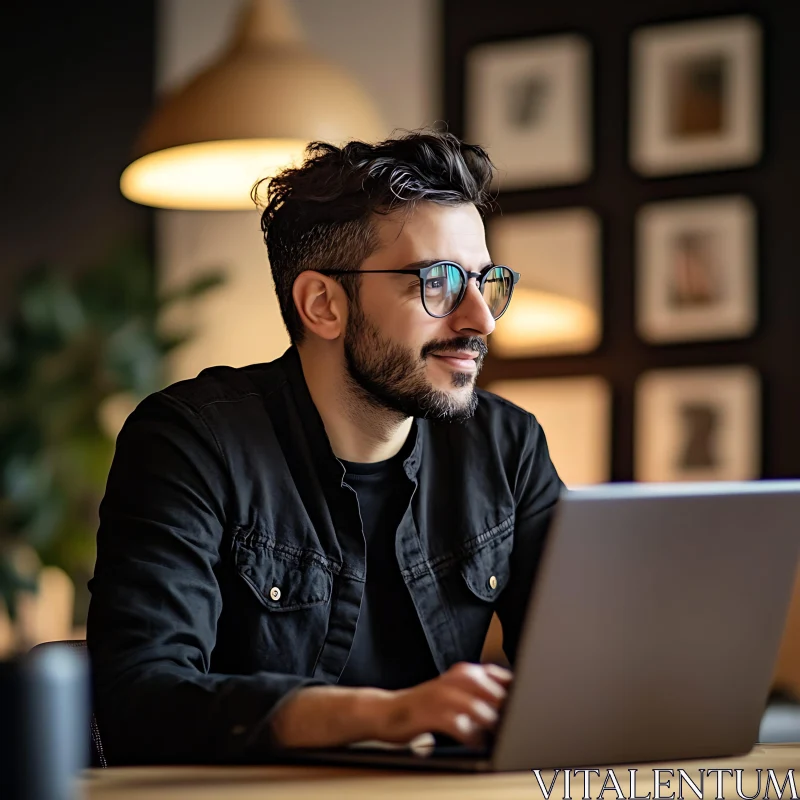 Bearded Man Using Laptop at Desk AI Image