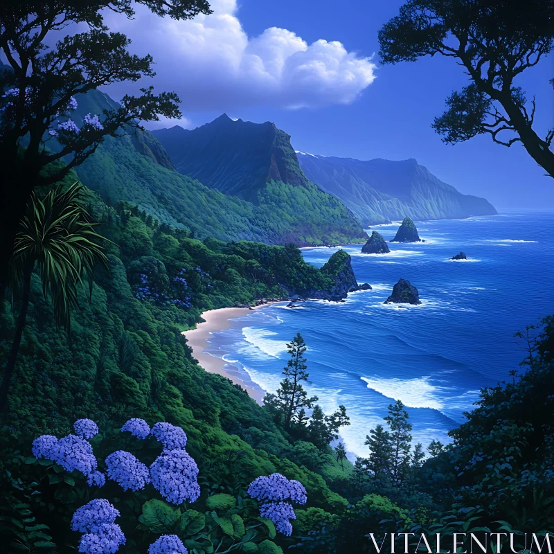 Majestic Coastal View with Green Mountains and Blue Seascape AI Image