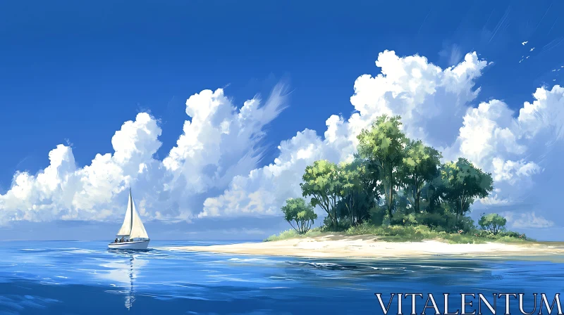 Tranquil Island and Sailboat Scene AI Image