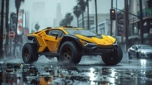 Yellow Off-road Vehicle in Rainy Urban Scene