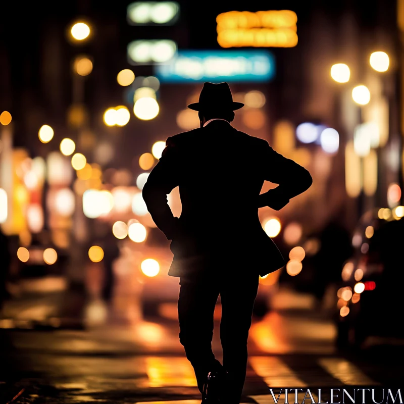 Mysterious Figure in Nighttime Urban Scene AI Image