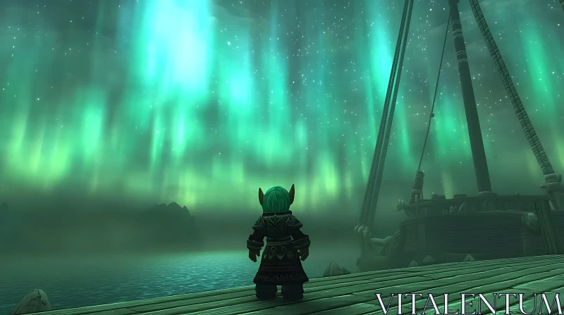 Enchanting Northern Lights Scene with Elf and Ship AI Image