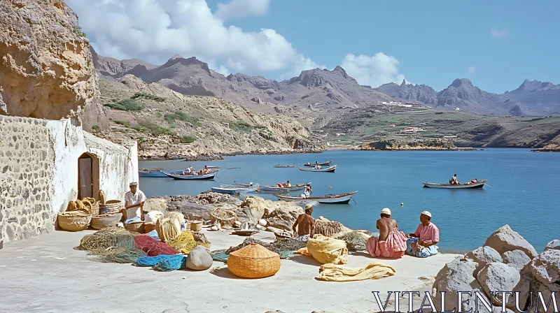 Tranquil Seaside Preparation with Fishing Nets AI Image