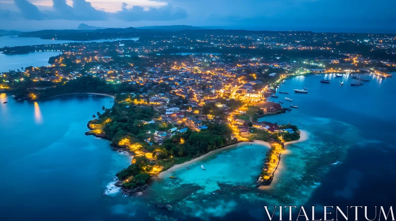 Island Town at Night from Above AI Image