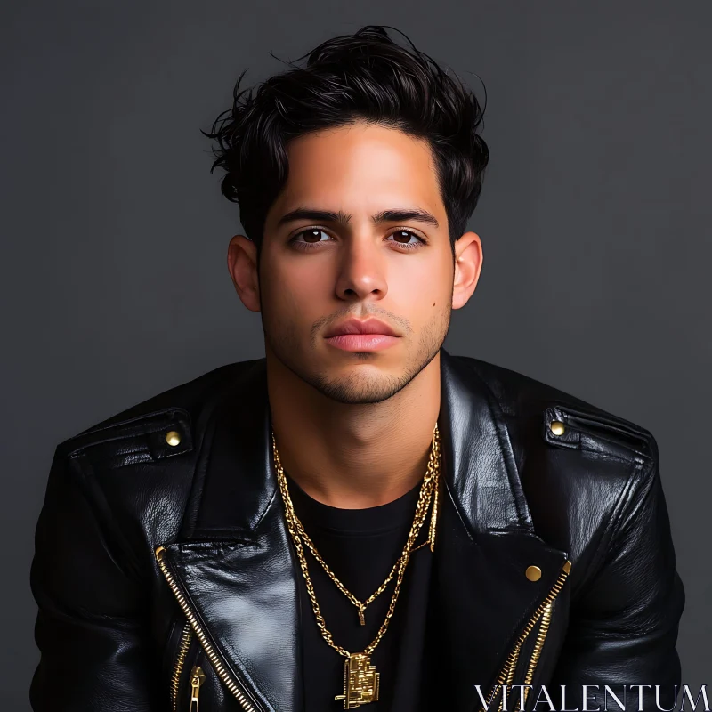 Chic Portrait of a Young Man in Leather and Gold AI Image