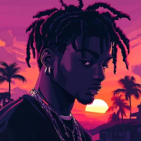 Man with Dreadlocks Amidst Sunset and Palms