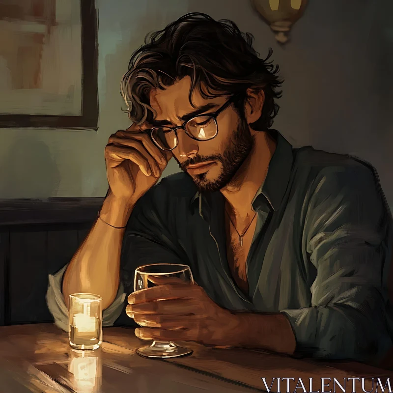 Thoughtful Man with Glasses in Warm Lighting AI Image