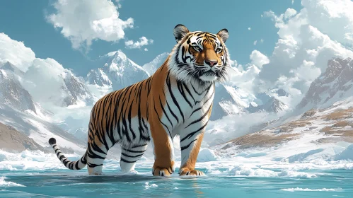 Tiger Among Snow-Capped Mountains