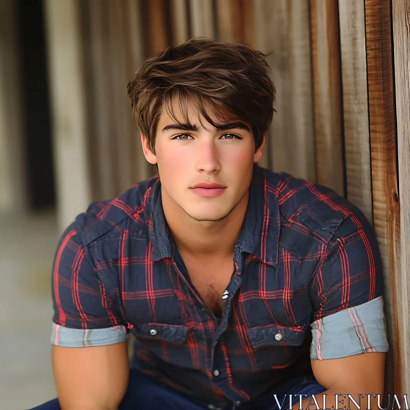 Young Man's Outdoor Portrait with Rustic Wooden Wall AI Image