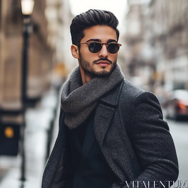 Stylish Man in Grey Overcoat and Sunglasses AI Image