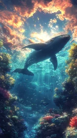 Underwater Scene with Whale and Coral Reefs