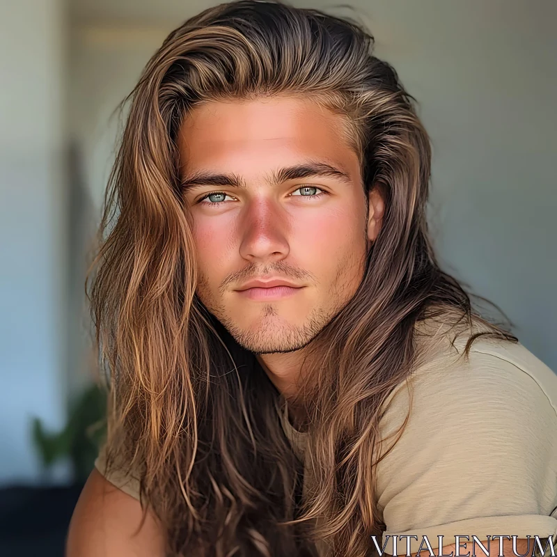 Thoughtful Man with Flowing Hair AI Image