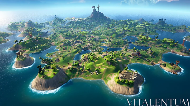 Lush Island Landscape with Hills and Coastline AI Image