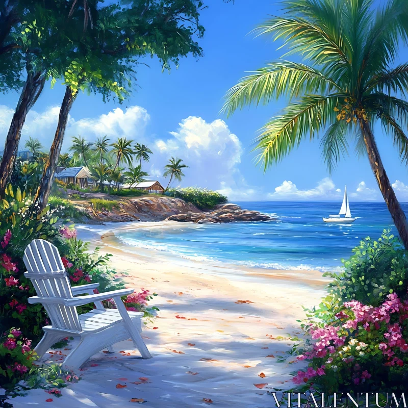 Serene Island Beach with White Chair and Sailboat AI Image