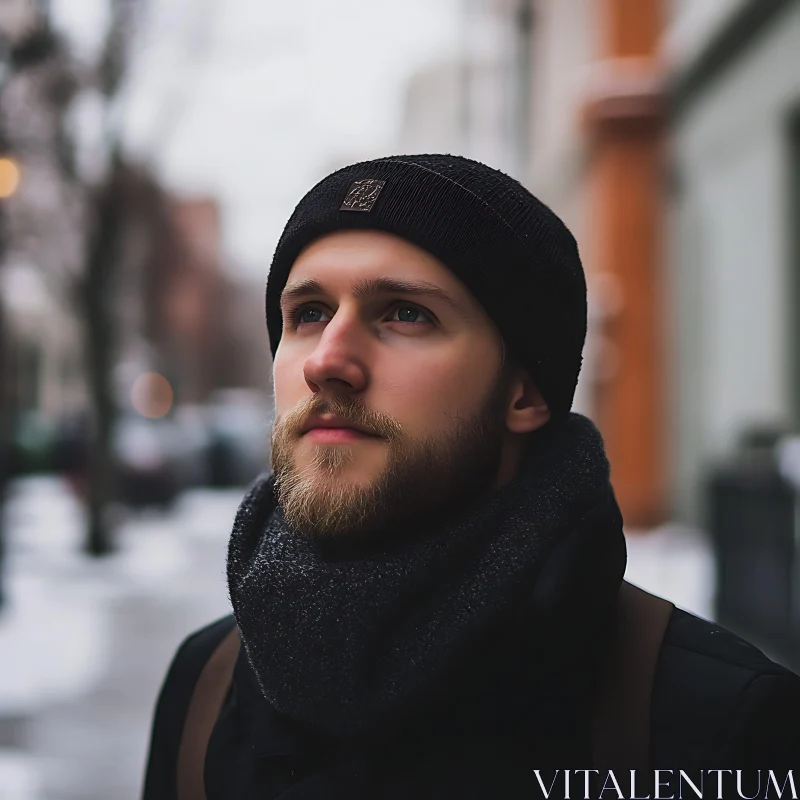 Bearded Man in Winter Attire on a Snowy Street AI Image