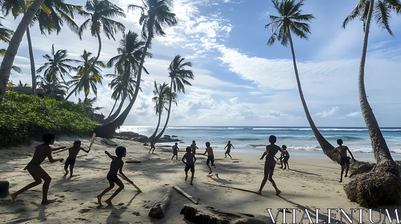 Kids Enjoying a Beach Day Among Palm Trees and Ocean Waves AI Image