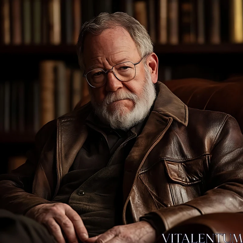 Elderly Man Wearing Glasses in Leather Chair AI Image