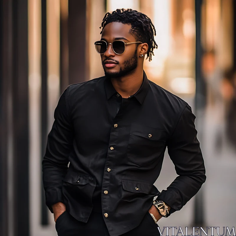 Modern Streetwear Fashion: Man in Black Jacket and Sunglasses AI Image