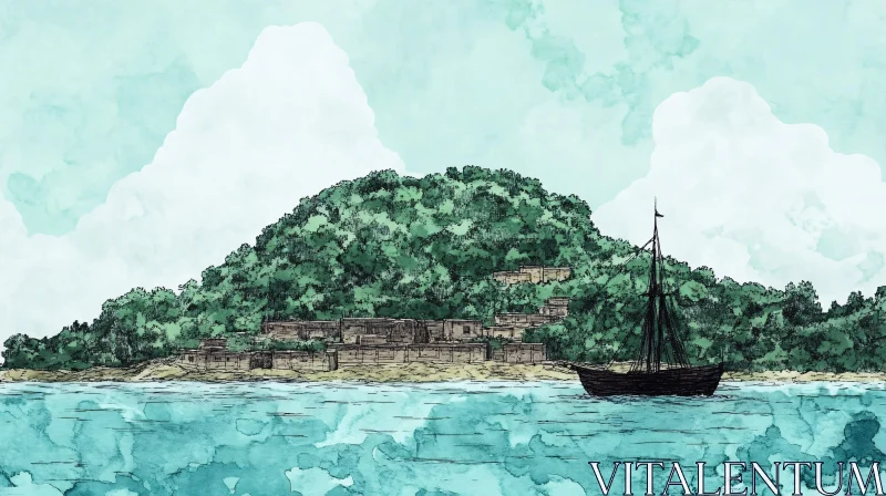 Peaceful Island and Sailing Ship in Watercolor Art AI Image