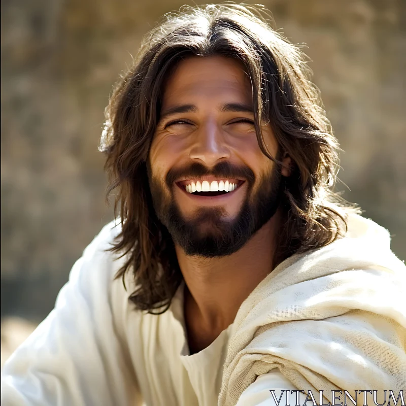 Smiling Man with Long Hair and Beard AI Image