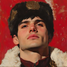 Red Background Fur Hat Portrait