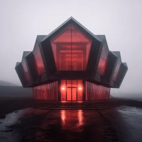 Contemporary Architecture in Fog with Red Lights