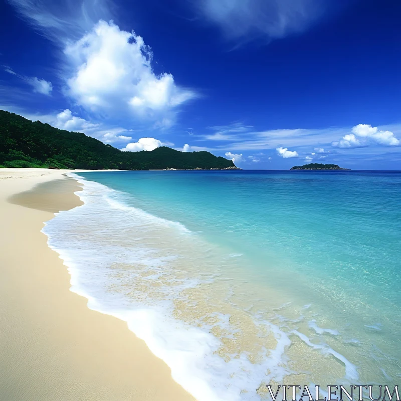 Serene Beach with Clear Waters and Verdant Hills AI Image