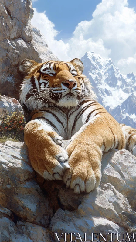 AI ART Tiger on Rocky Outcrop with Mountain Background