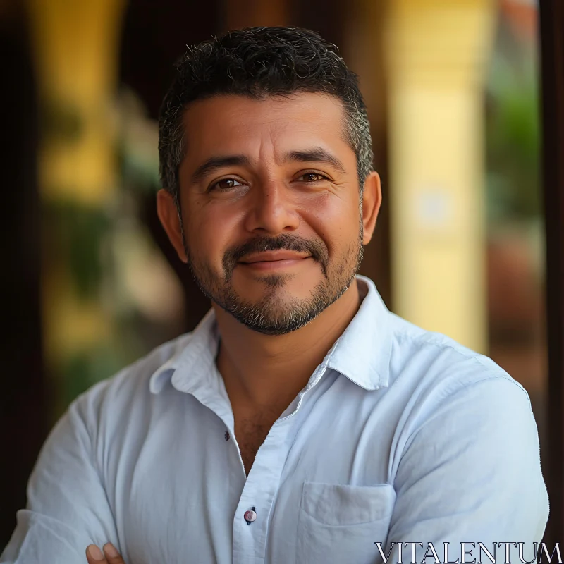 Middle-aged Man Smiling in Casual Attire AI Image