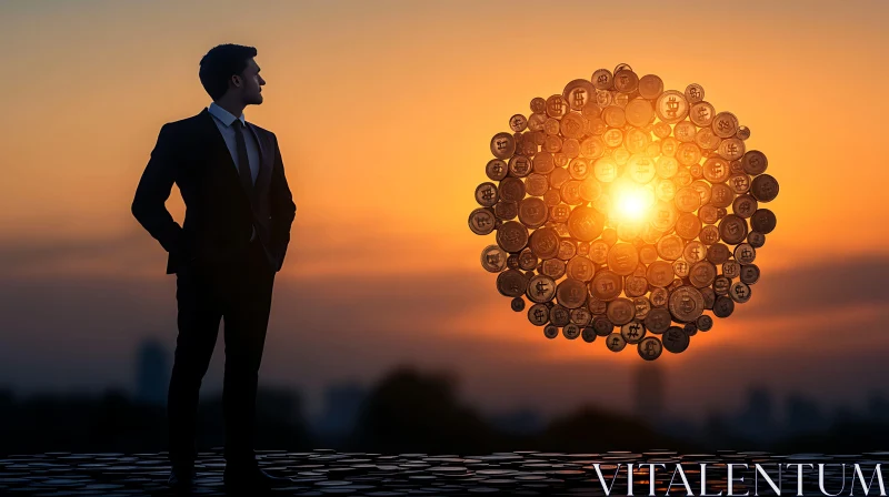 Man Watching Floating Crypto Coins in the Sunset AI Image