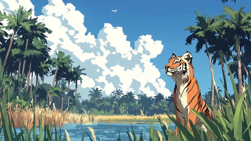 Tiger in Sunny Jungle Setting